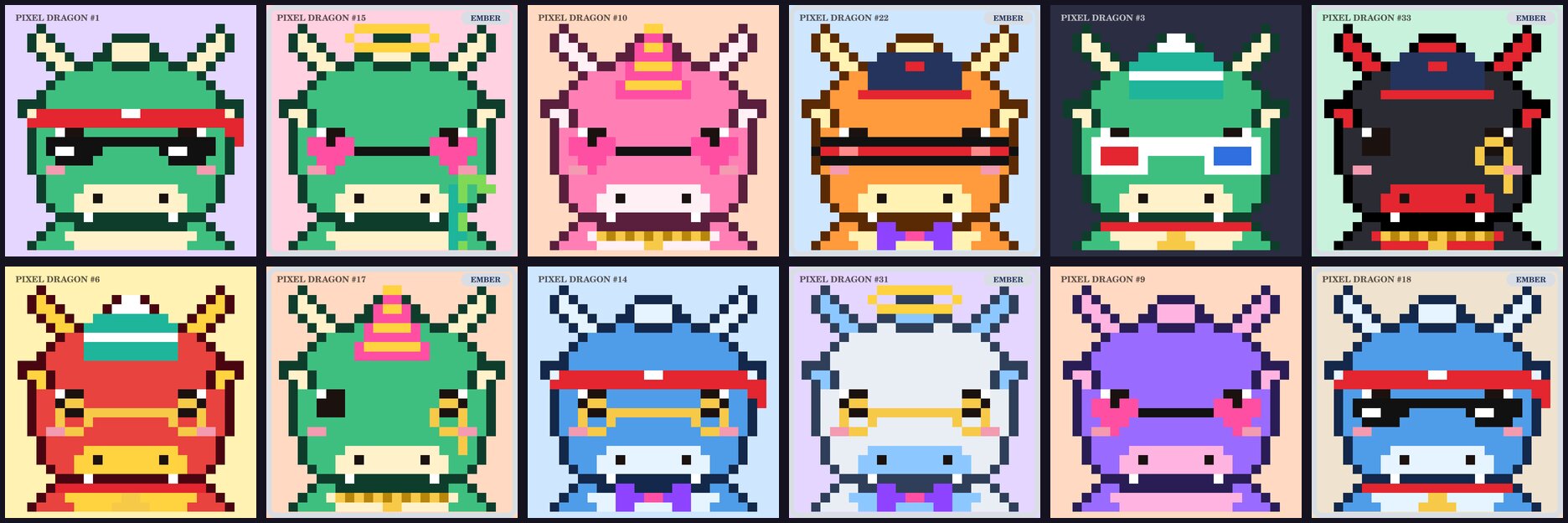 Twelve on-chain pixel dragons with different traits