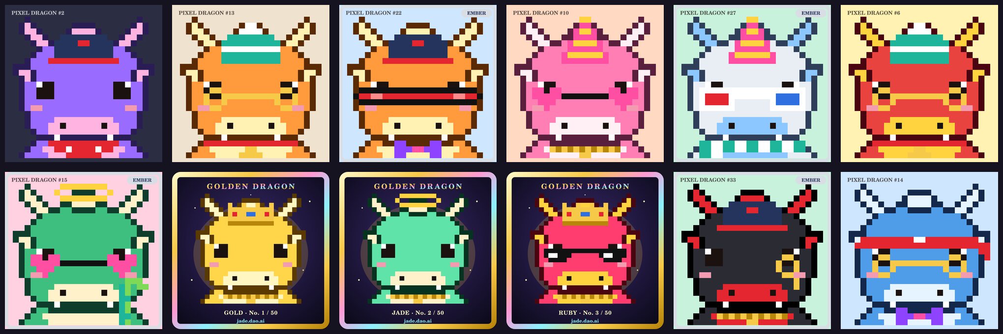 Rows of original on-chain pixel dragons with Gold, Jade and Ruby Golden Dragon cards